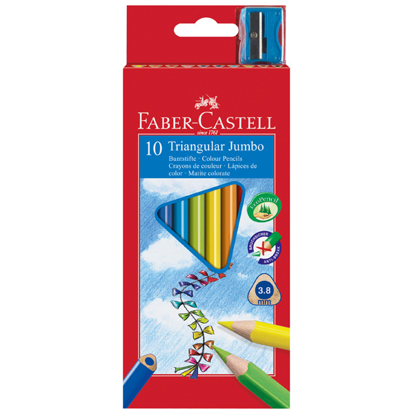 Trójkątne kredki Jumbo, 10 szt. Faber Castell, temperówka gratis