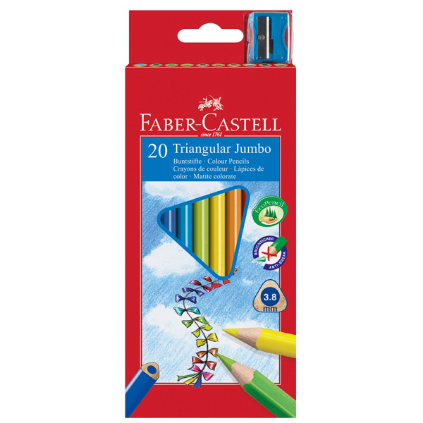 Trójkątne kredki Jumbo, 20 szt. Faber Castell, temperówka gratis