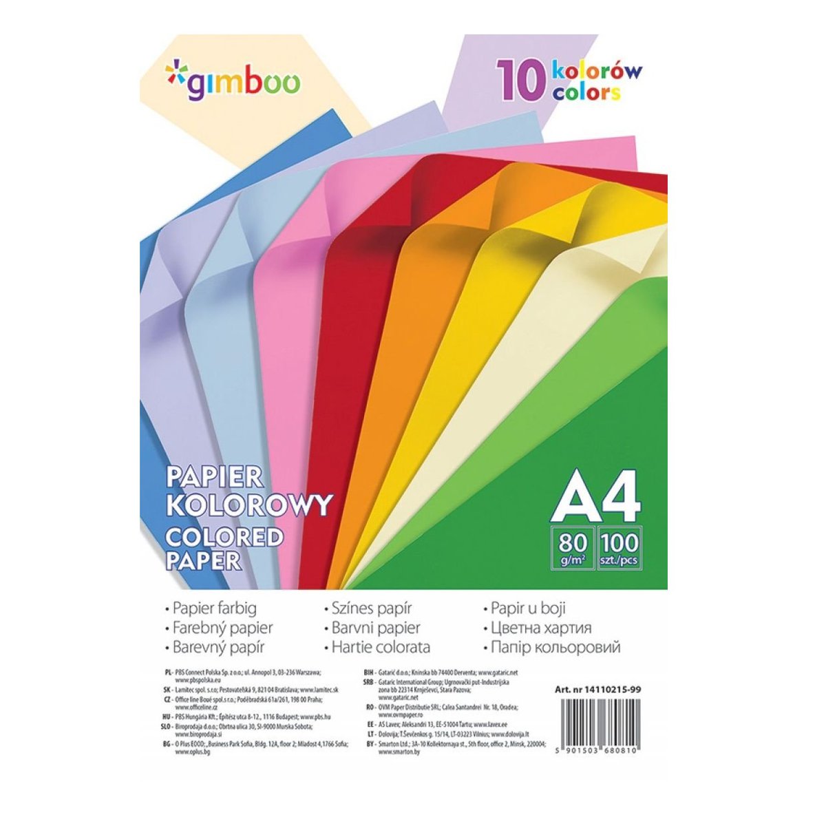 Papier kolorowy GIMBOO, A4, 100 arkuszy, 80gsm, 10 kolorów neonowych