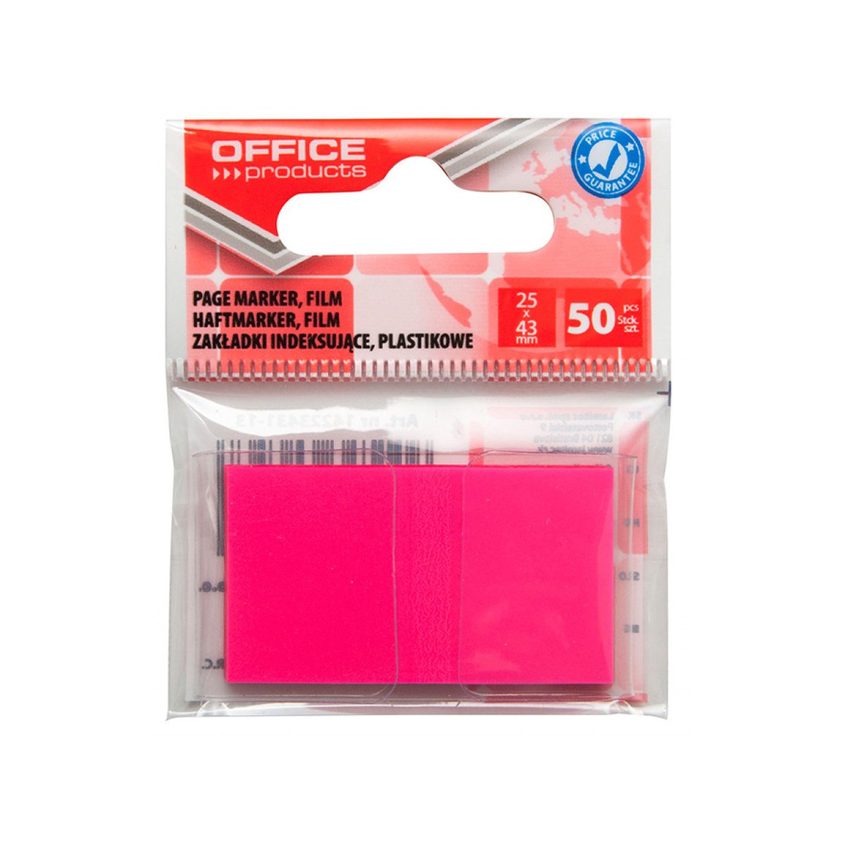 Zakładki indeksujące OFFICE PRODUCTS, PP, 25x43mm, 1x50 kart., zawieszka, różowe