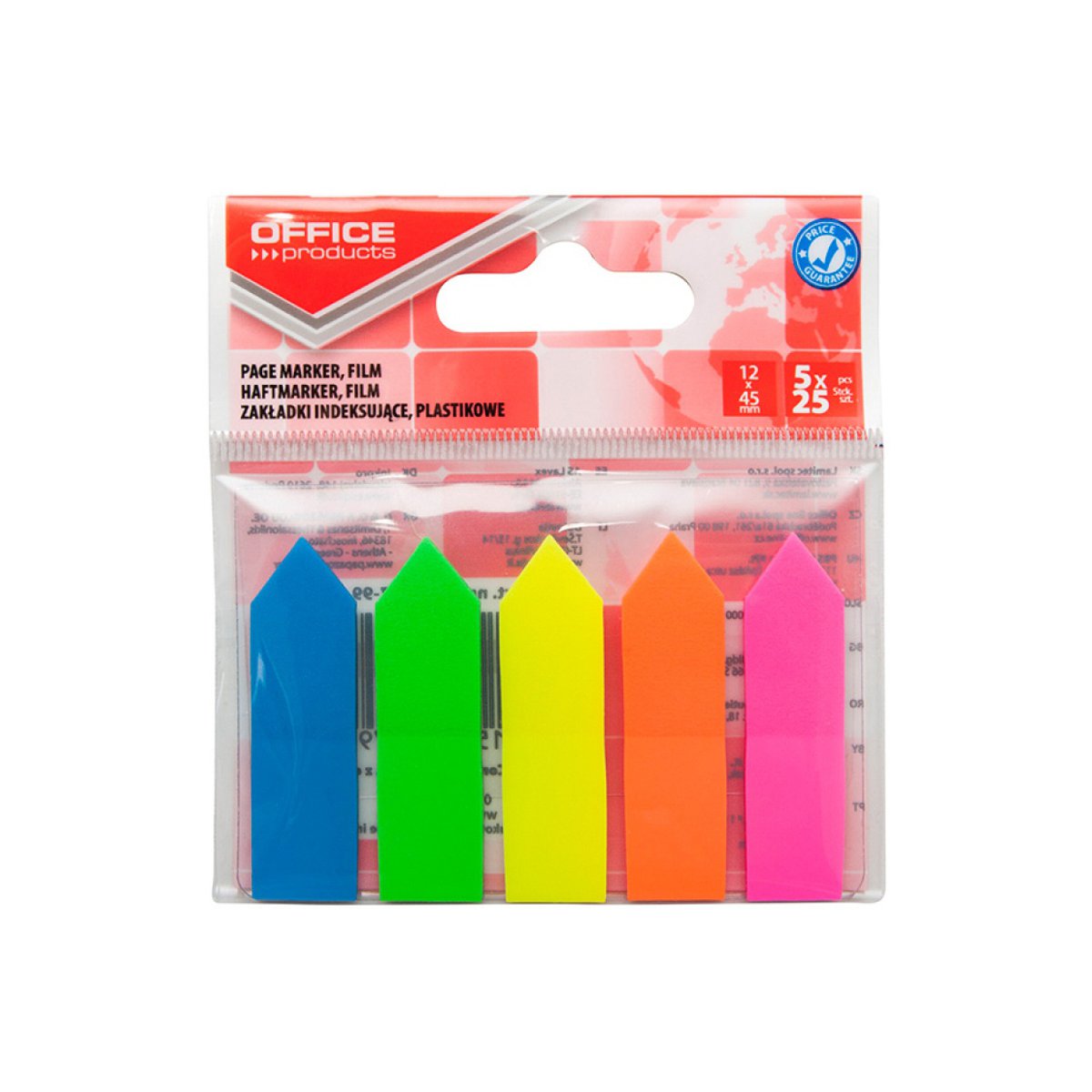 Zakładki indeksujące OFFICE PRODUCTS, strzałka, PP, 12x45mm, 5x25 kart., zawieszka, mix kolorów