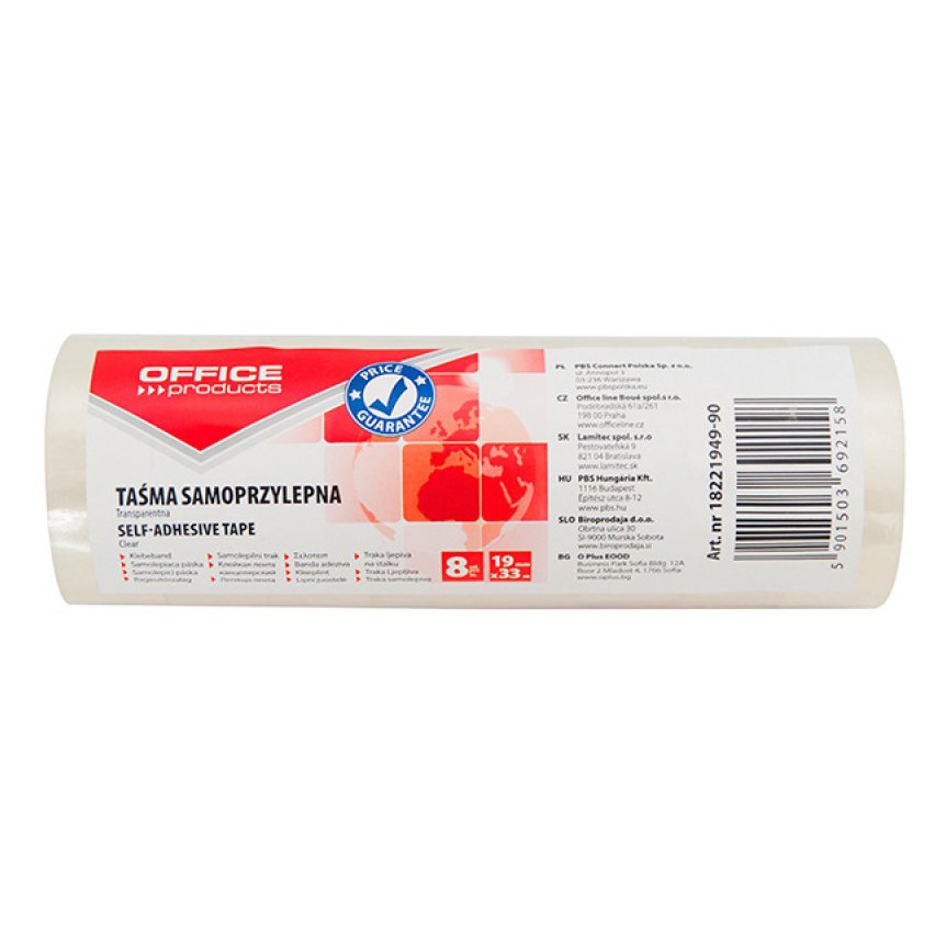 Taśma biurowa OFFICE PRODUCTS, 19mm, 33m, 8szt., transparentna