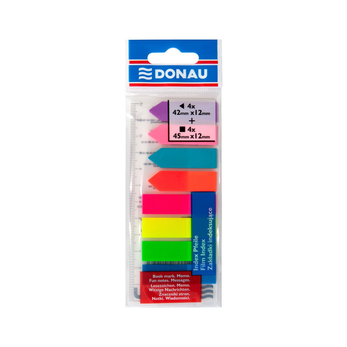 Zakładki indeksujące DONAU, PP, 12x45mm/12x42mm, stand. /strzałka, 4x25/4x25 kart., mix kolorów