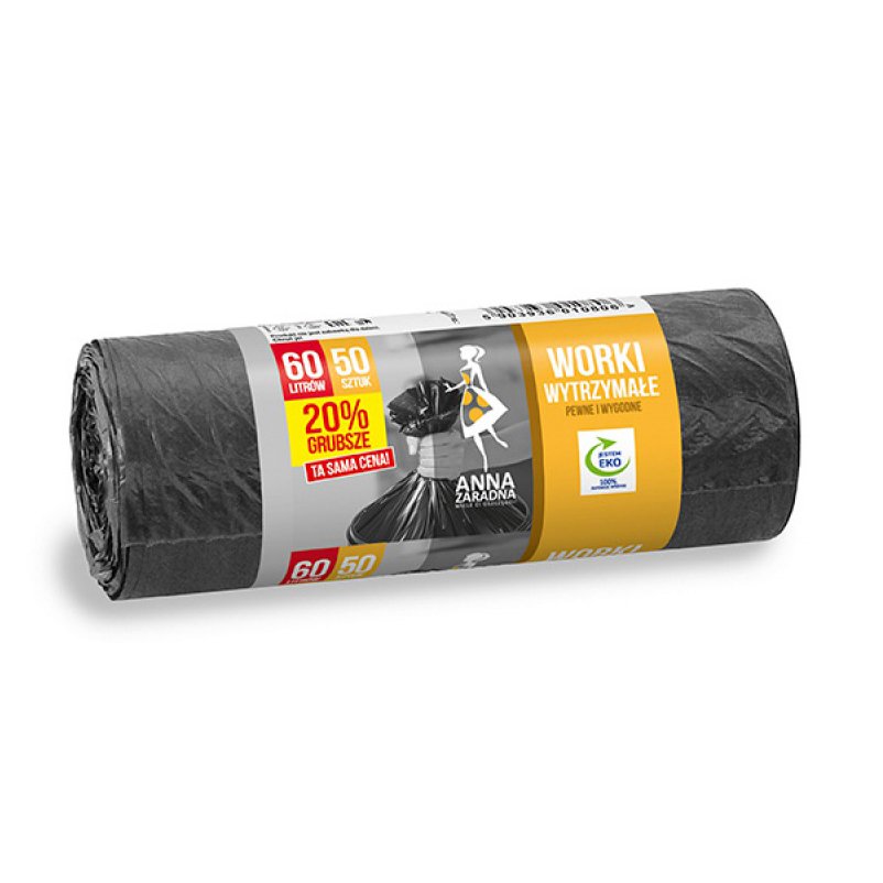 Worki na śmieci ANNA ZARADNA, wytrzymałe, 20% grubsze, 60 l, 50 szt., czarne