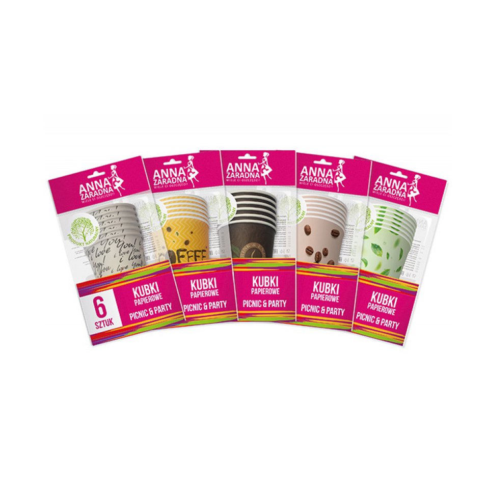 Kubki papierowe ANNA ZARADNA, 200 ml, 6 szt., mix kolorów