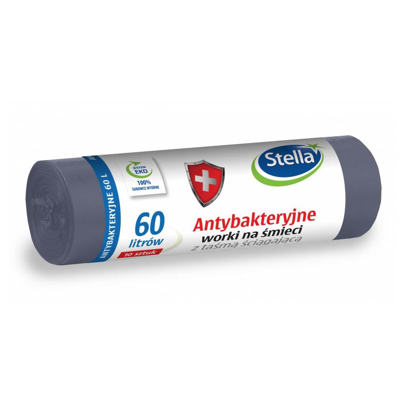 Worki na śmieci STELLA, z taśmą ściągającą, antybakteryjne, 60l, 10szt, szare, szary