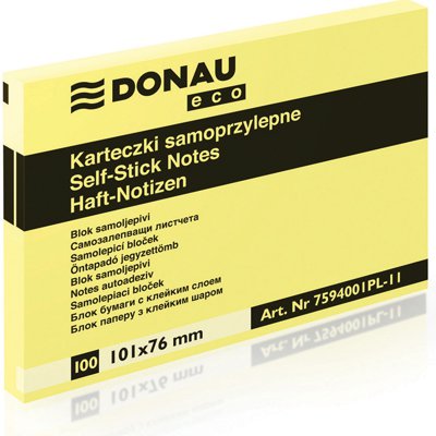 Bloczek samoprzylepny DONAU Eco, 101x76mm, 12x100 kart., jasnożółty