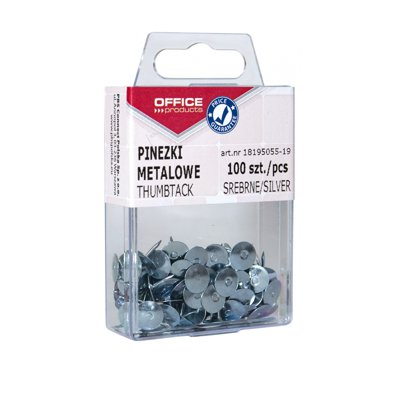 Pinezki metalowe OFFICE PRODUCTS, w pudełku, 100szt., srebrne