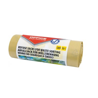 Worki na śmieci domowe OFFICE PRODUCTS, do segregacji plastiku, mocne (LDPE), 120l, 10szt., żółte