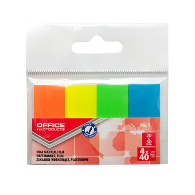 Zakładki indeksujące OFFICE PRODUCTS, PP, 20x50mm, 4x40 kart., zawieszka, mix kolorów neon