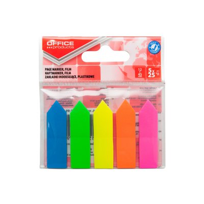 Zakładki indeksujące OFFICE PRODUCTS, strzałka, PP, 12x45mm, 5x25 kart., zawieszka, mix kolorów