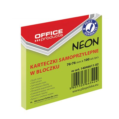 Bloczek samoprzylepny OFFICE PRODUCTS, 76x76mm, 1x100 kart., neon, zielony