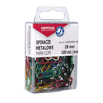Spinacze kolorowe OFFICE PRODUCTS, powlekane, 28mm, w pudełku, 100szt., mix kolorów