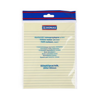 Bloczek samoprzylepny DONAU, 150x203mm, w linię, 1x50 kart., 75gsm, żółty