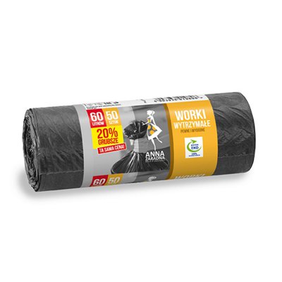 Worki na śmieci ANNA ZARADNA, wytrzymałe, 20% grubsze, 60 l, 50 szt., czarne